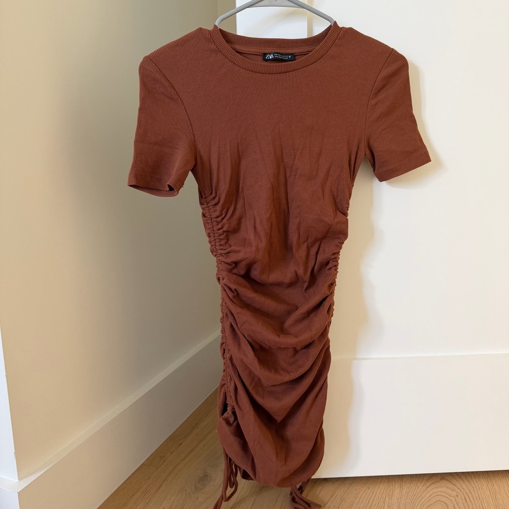 Zara Brown Ruched Dress